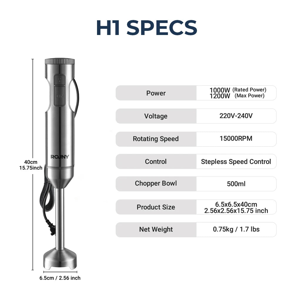 ROUNY H1 4-in-1 Hand Immersion Blender Set Stainless Steel Kitchen Mixer
