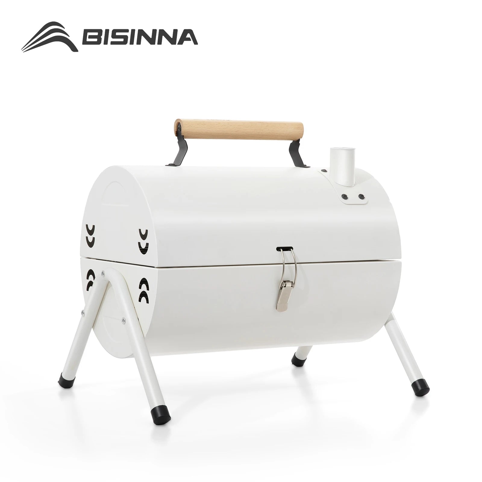 White SK087 portable barbecue grill with a wooden handle on a white background, featuring the BISINNA brand.