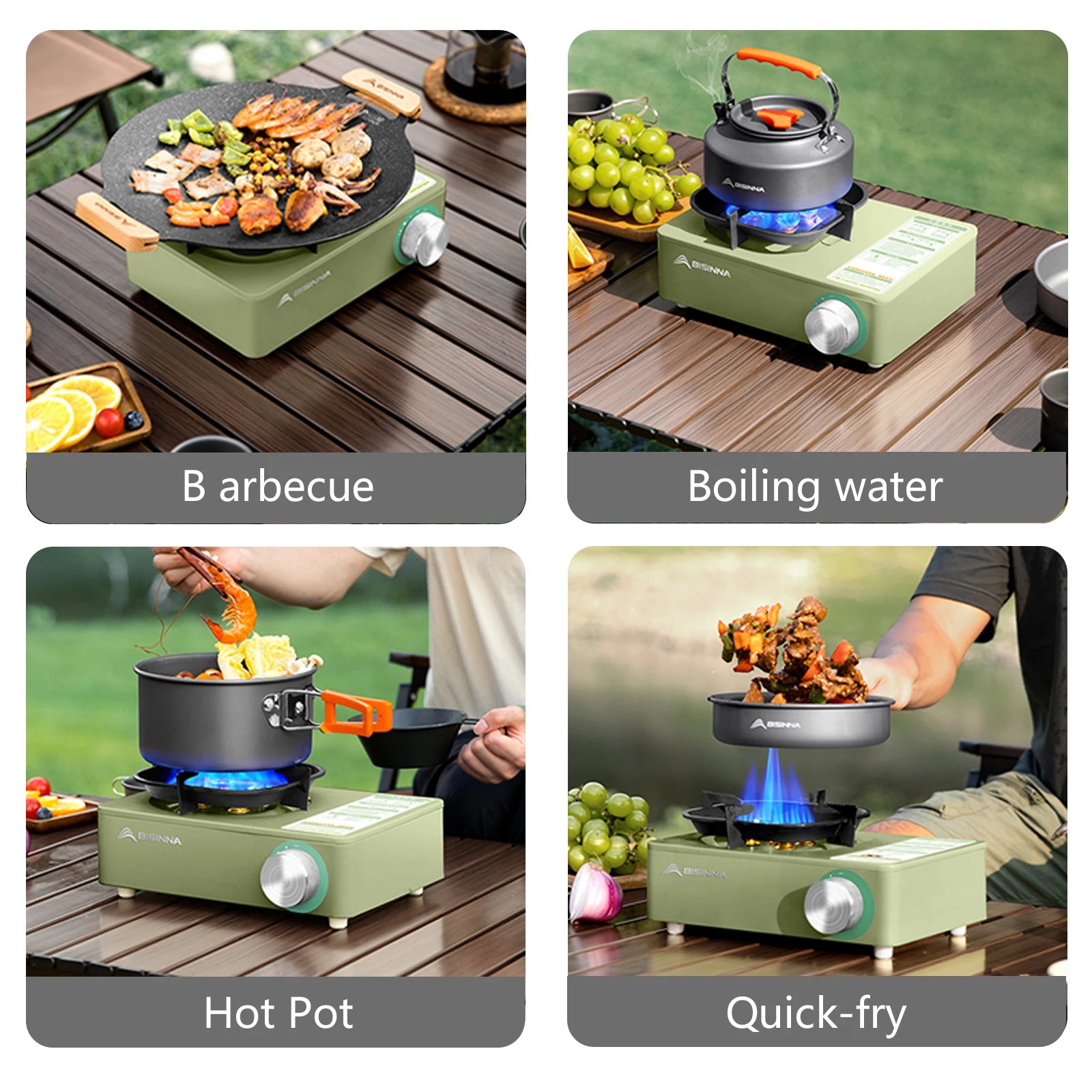 BISINNA SK218 Portable stove used for barbecuing, boiling water, hot pot, and quick-frying on a wooden surface.