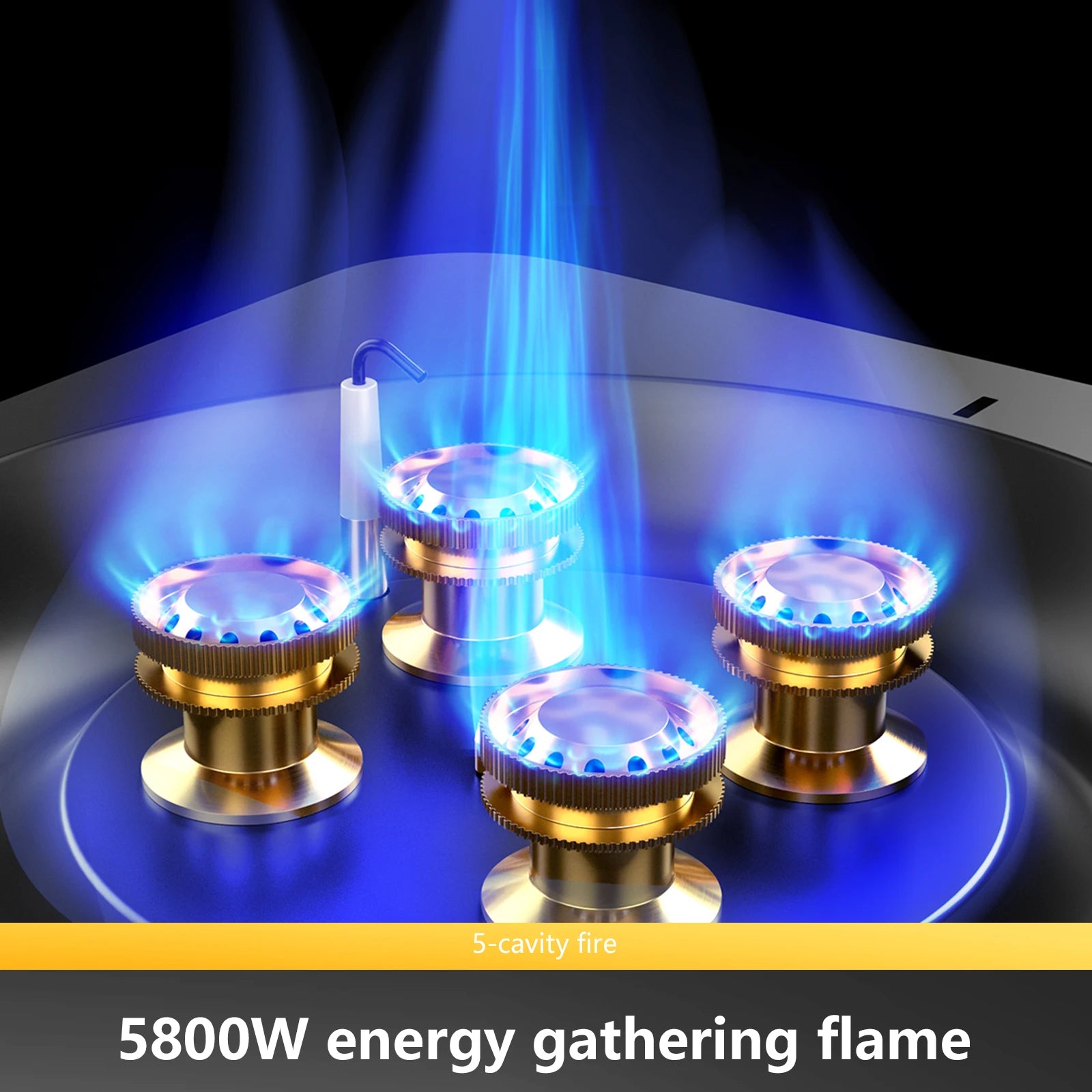 BISINNA SK218 gas burners with a blue flame on a dark background, labelled '5800W energy gathering flame'.