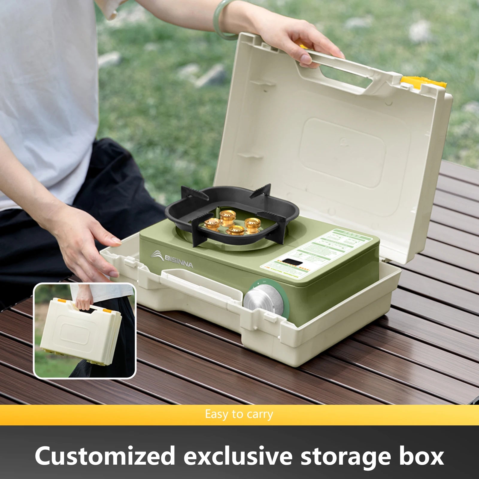 BISINNA SK218 Portable stove with storage box on a wooden surface, person interacting with it.