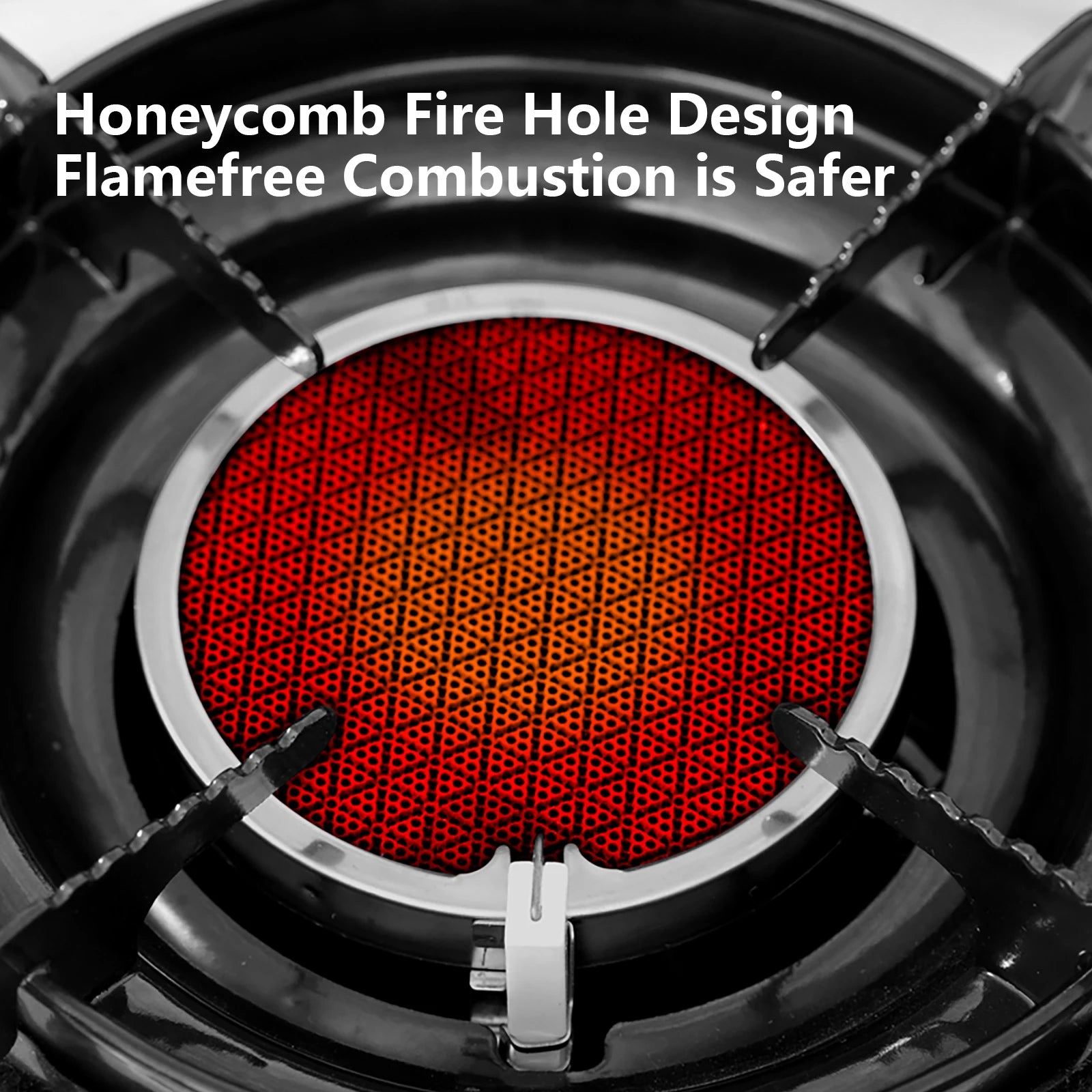 SK266 Close-up of a honeycomb fire hole design with red interior, highlighting flame free combustion safety.