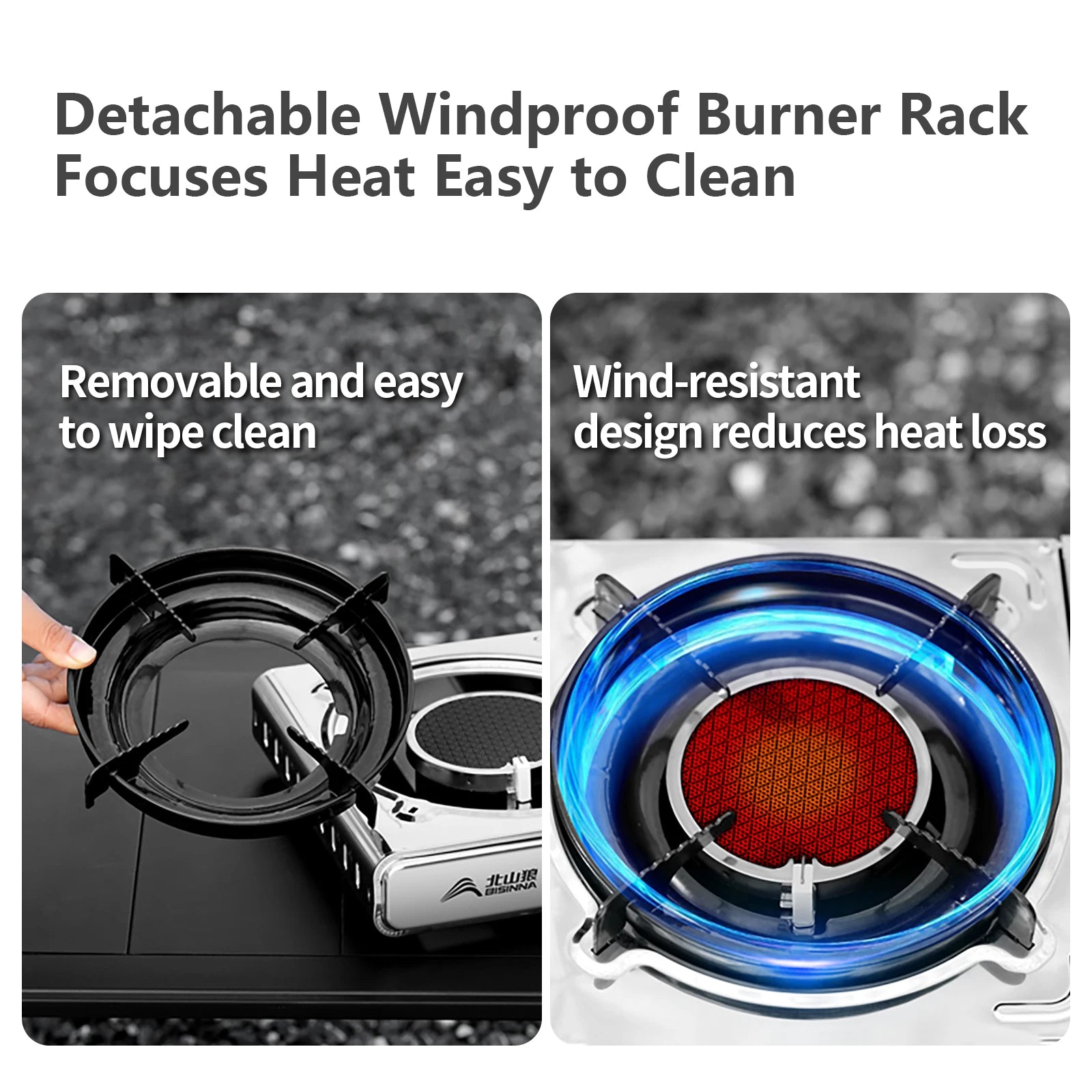 SK266 Detachable windproof burner rack with text highlighting features on a black background