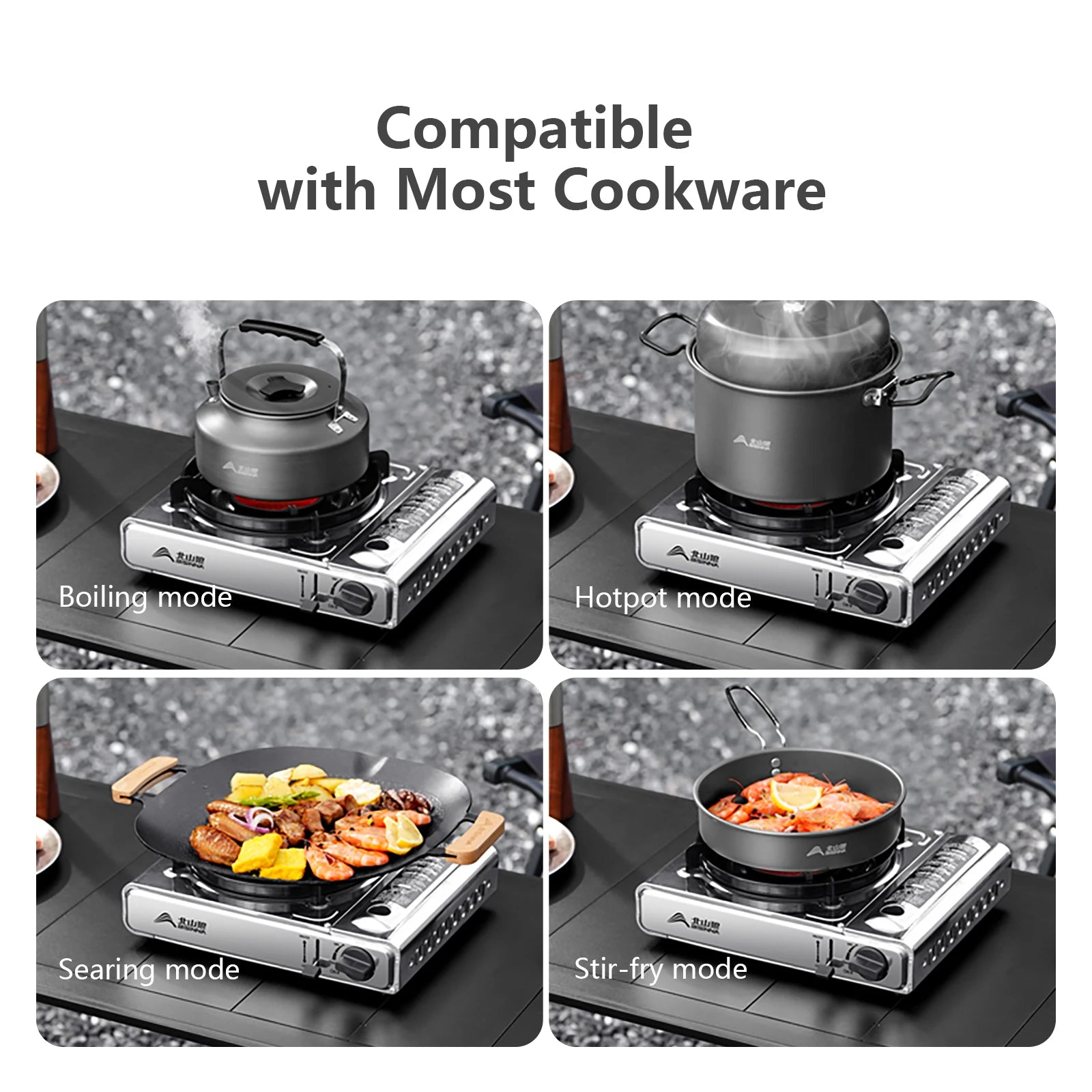 SK266 Portable stove with different cookware modes on a white background