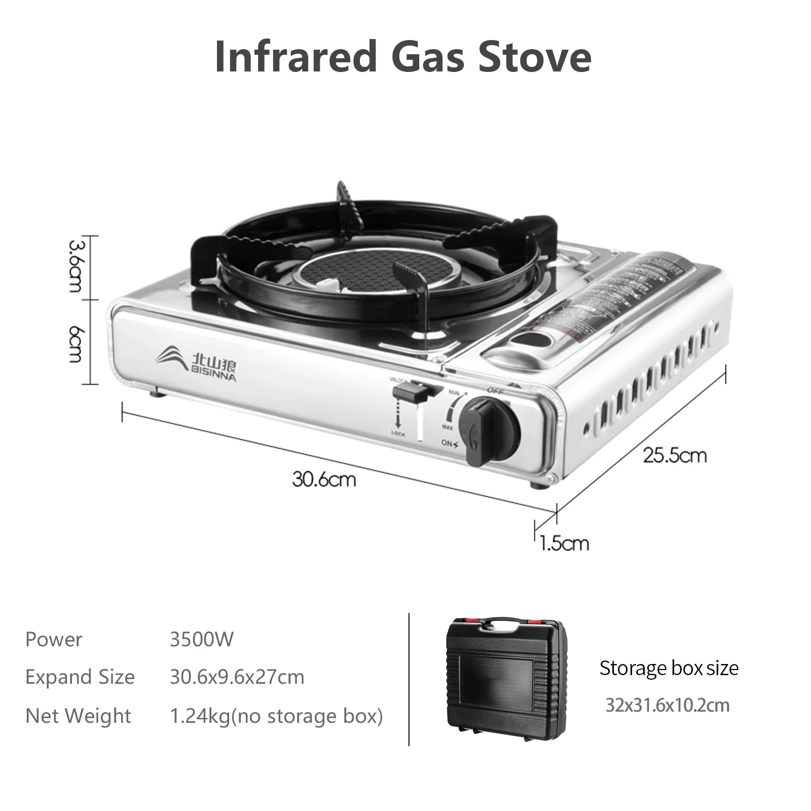 SK266 Infrared gas stove with dimensions and specifications on a white background