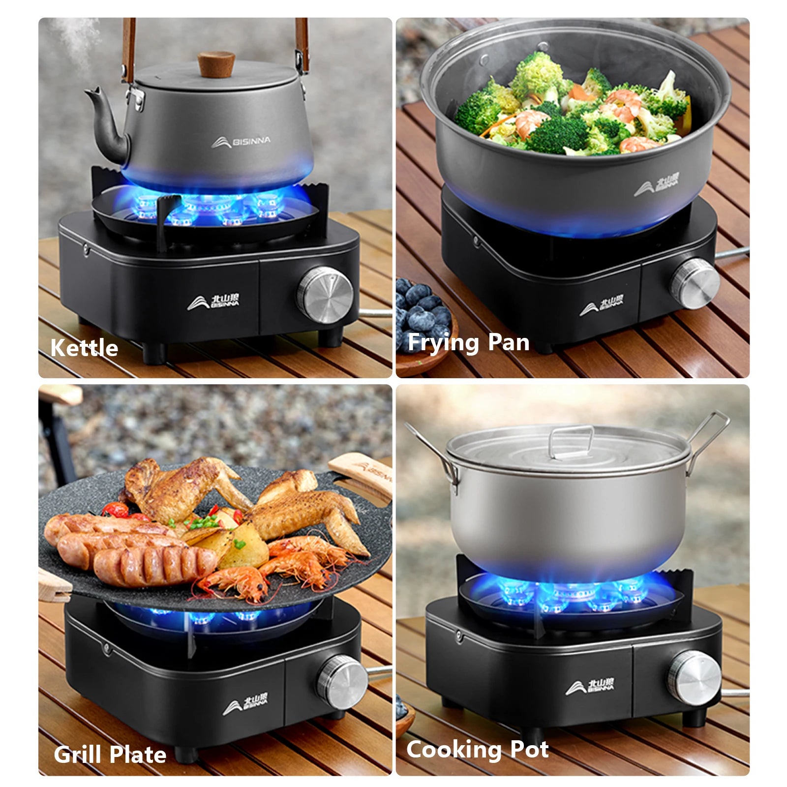 Collage of a SK275 portable stove with kettle, frying pan, grill plate, and cooking pot on a wooden surface.