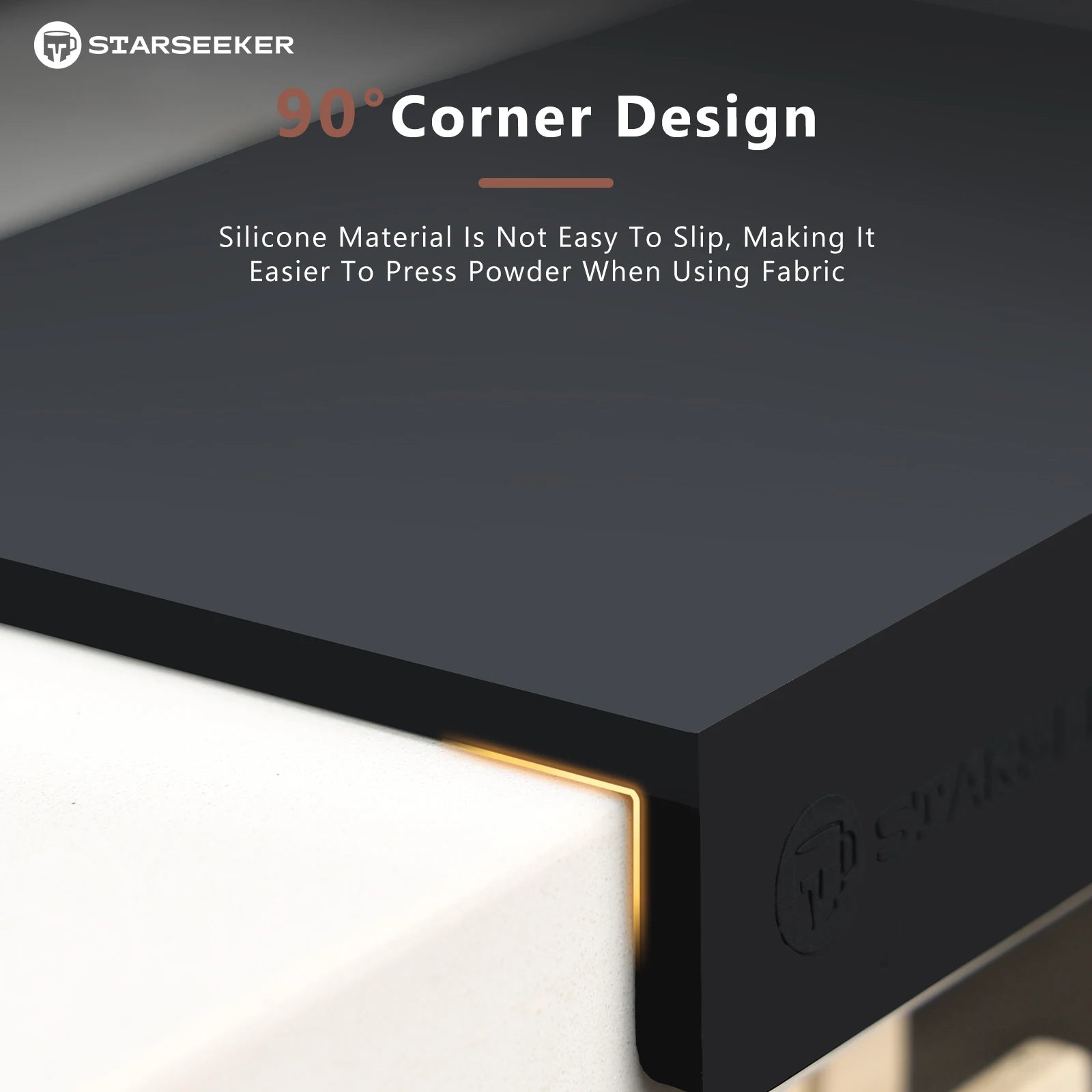 Corner design of a product with 'Starseeker' branding and text about silicone material.