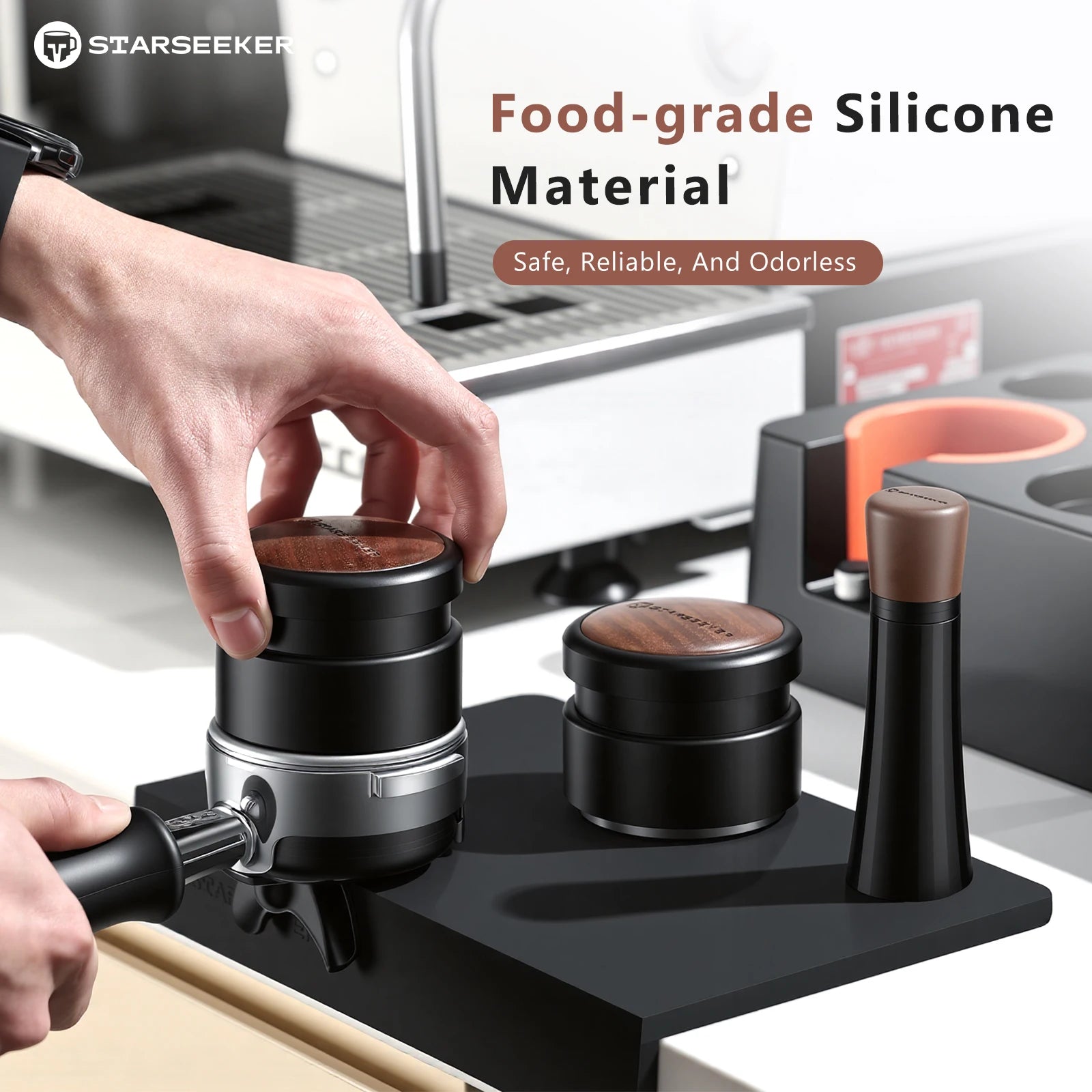 Person using a kitchen tool with food-grade silicone material on a kitchen counter.