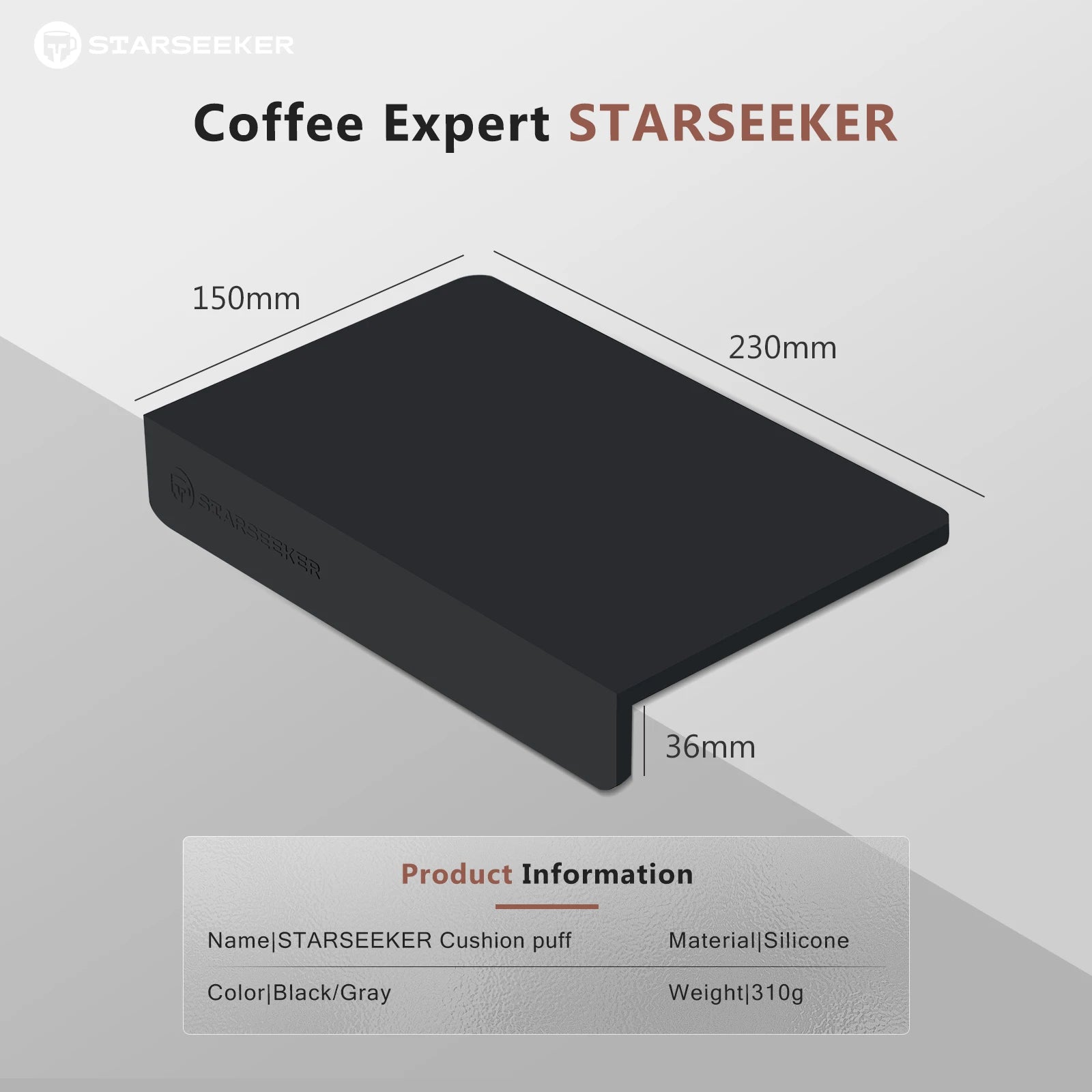Starseeker Coffee Expert cushion puff with dimensions and product information on a gray background
