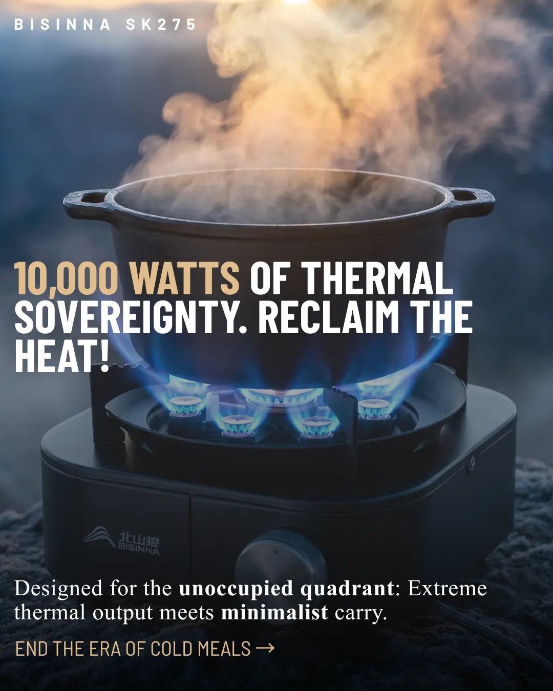 BISINNA Portable stove with flames and smoke, featuring text about thermal output and design.