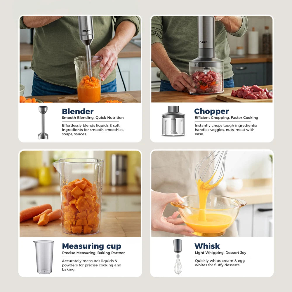 ROUNY H1 4-in-1 Hand Immersion Blender Set Stainless Steel Kitchen Mixer