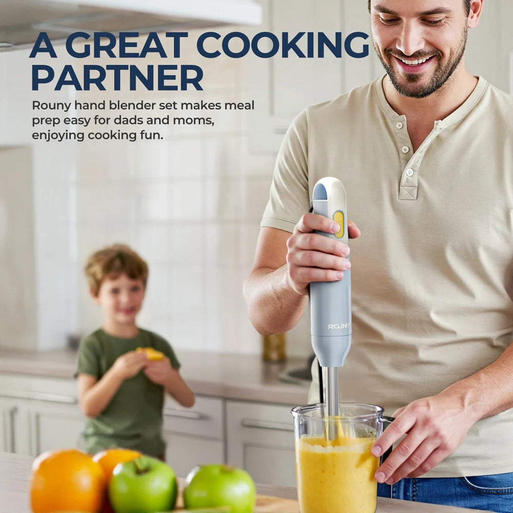 ROUNY H2 Handheld Immersion Blender with Stainless Steel Blades for Kitchen Food Mixing