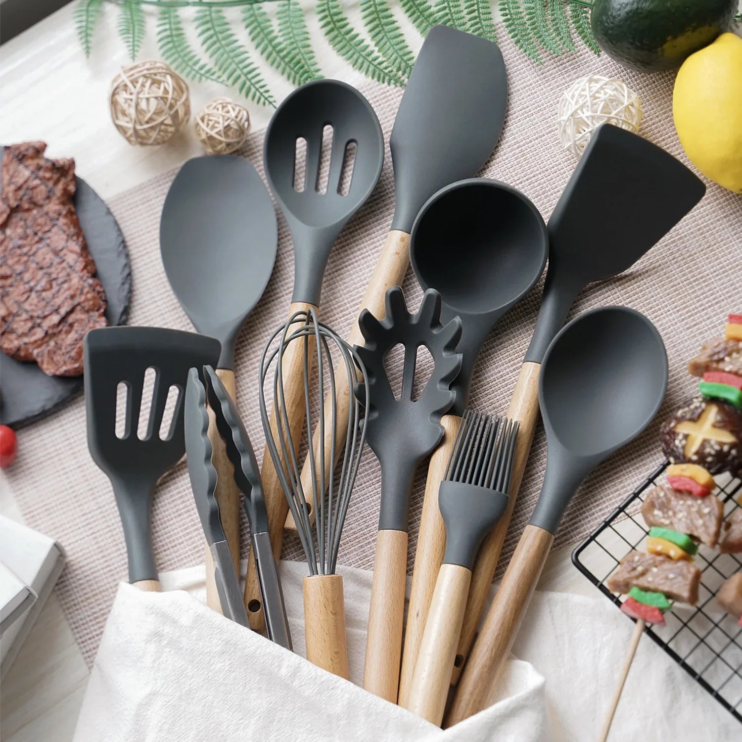 12-Piece Silicone & Acacia Wood Utensil Set