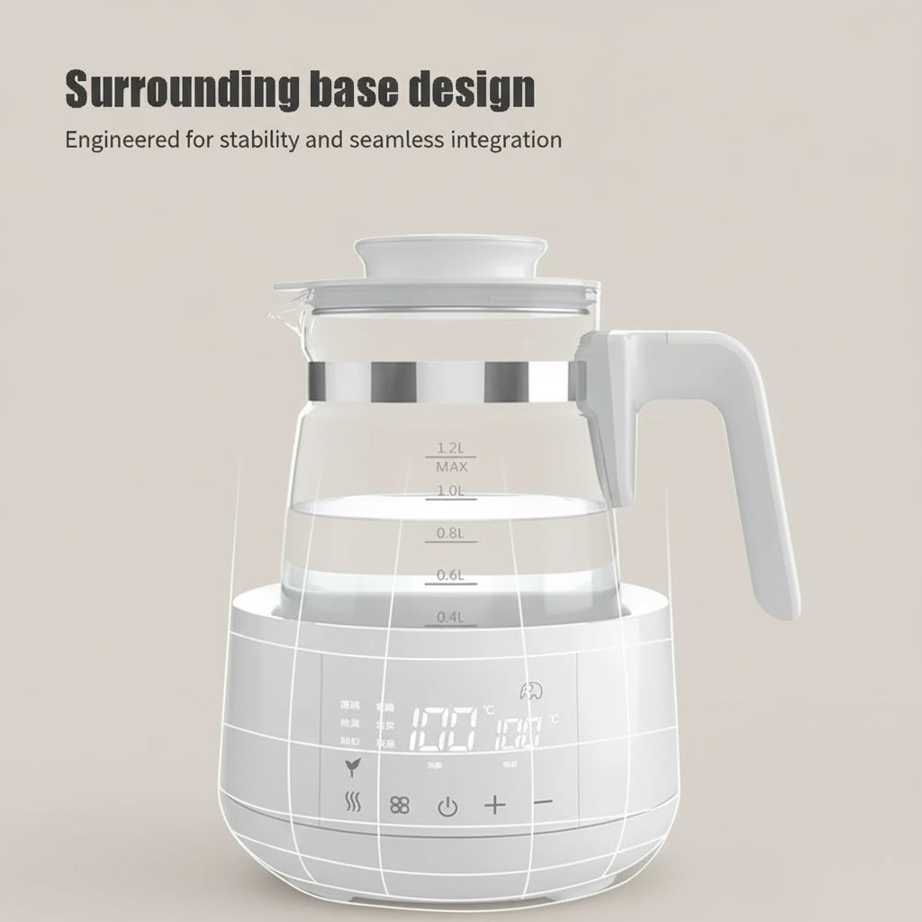 Misuta electric kettle with digital display on a beige background with feature annotations