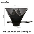 Black V03 plastic coffee dripper with dimensions on a white background, branded 'HAVMORE'.