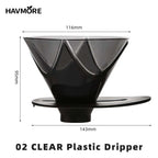 Black V03 plastic coffee dripper with dimensions on a white background, branded 'HAVMORE'.
