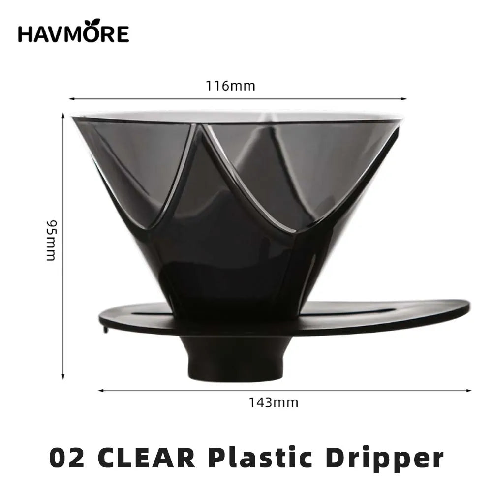 Black V03 plastic coffee dripper with dimensions on a white background, branded 'HAVMORE'.