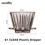 Clear V05 plastic dripper with dimensions labeled, branded as Havmore.