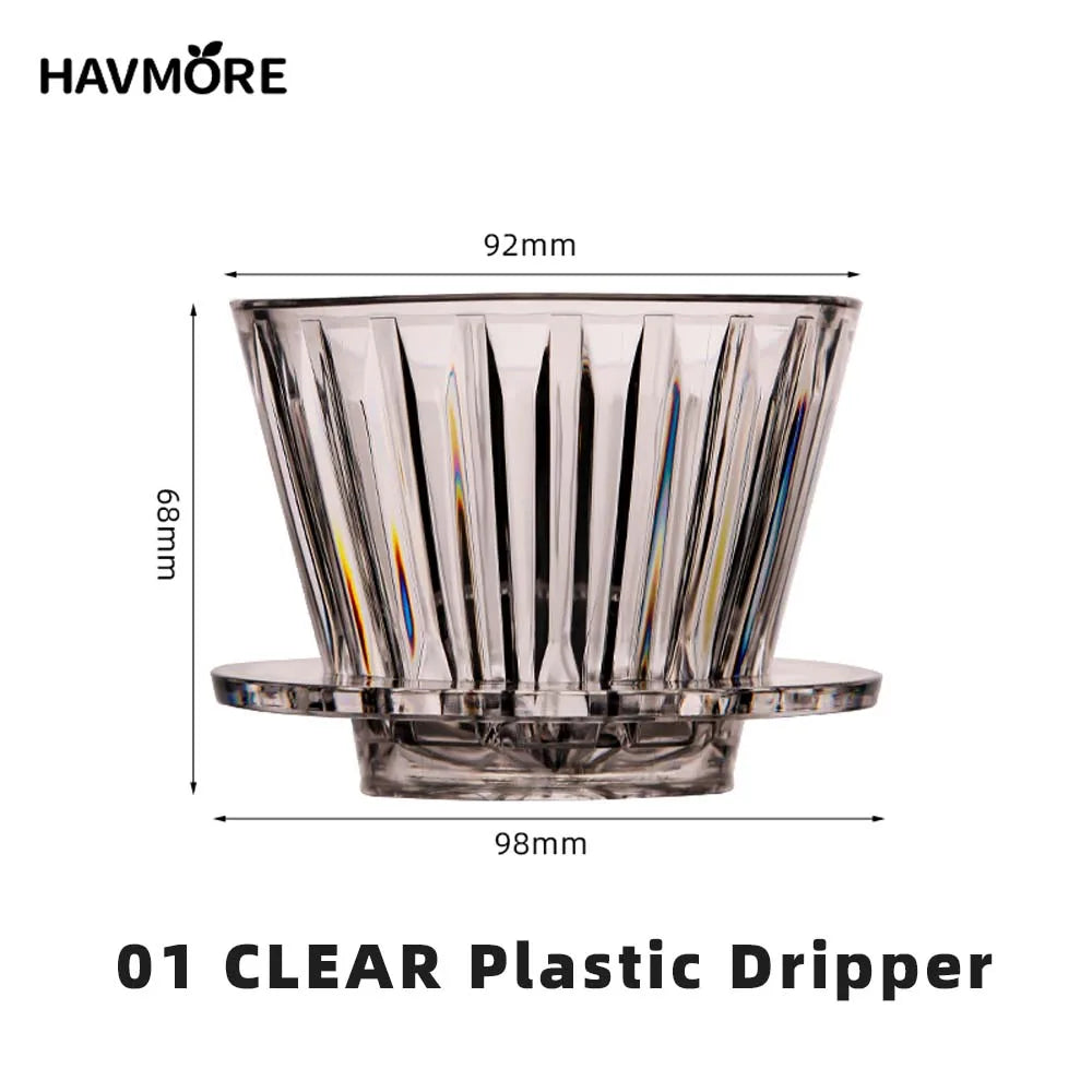 Clear V05 plastic dripper with dimensions labeled, branded as Havmore.