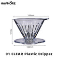 Clear V04 plastic coffee dripper with dimensions on a white background, branded 'HAVMORE'.