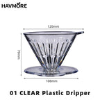 Clear V04 plastic coffee dripper with dimensions on a white background, branded 'HAVMORE'.