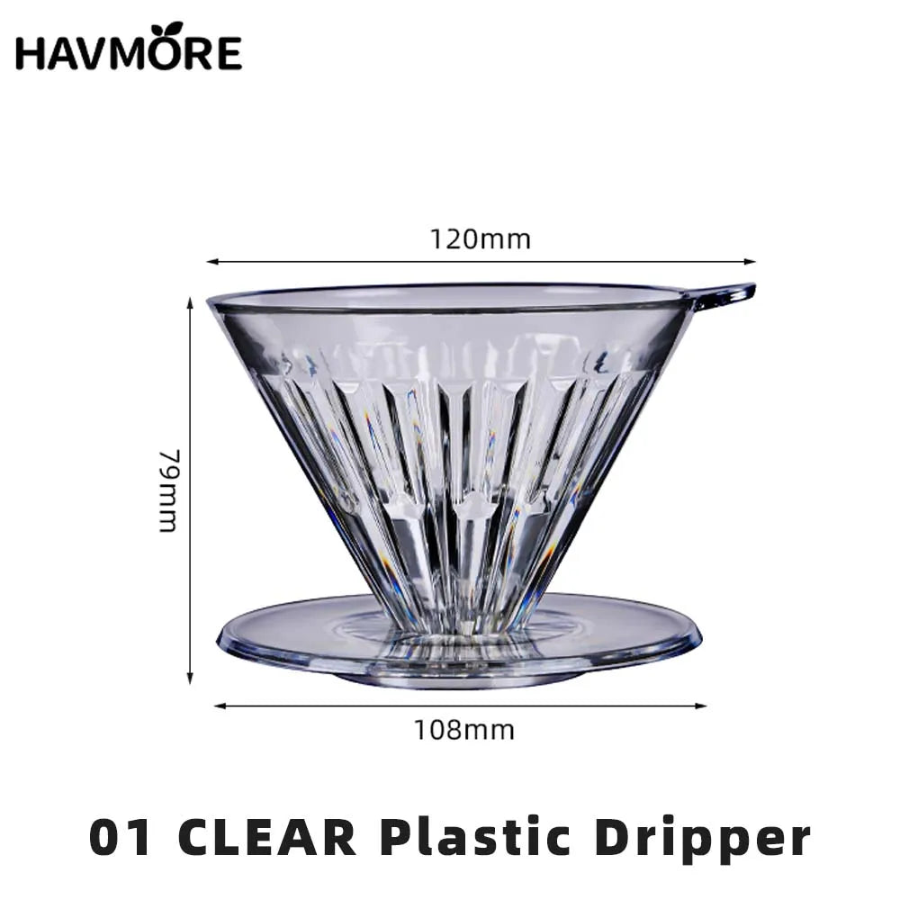 Clear V04 plastic coffee dripper with dimensions on a white background, branded 'HAVMORE'.