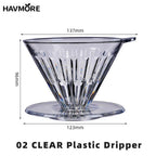 Clear V04 plastic coffee dripper with dimensions on a white background, branded 'HAVMORE'.