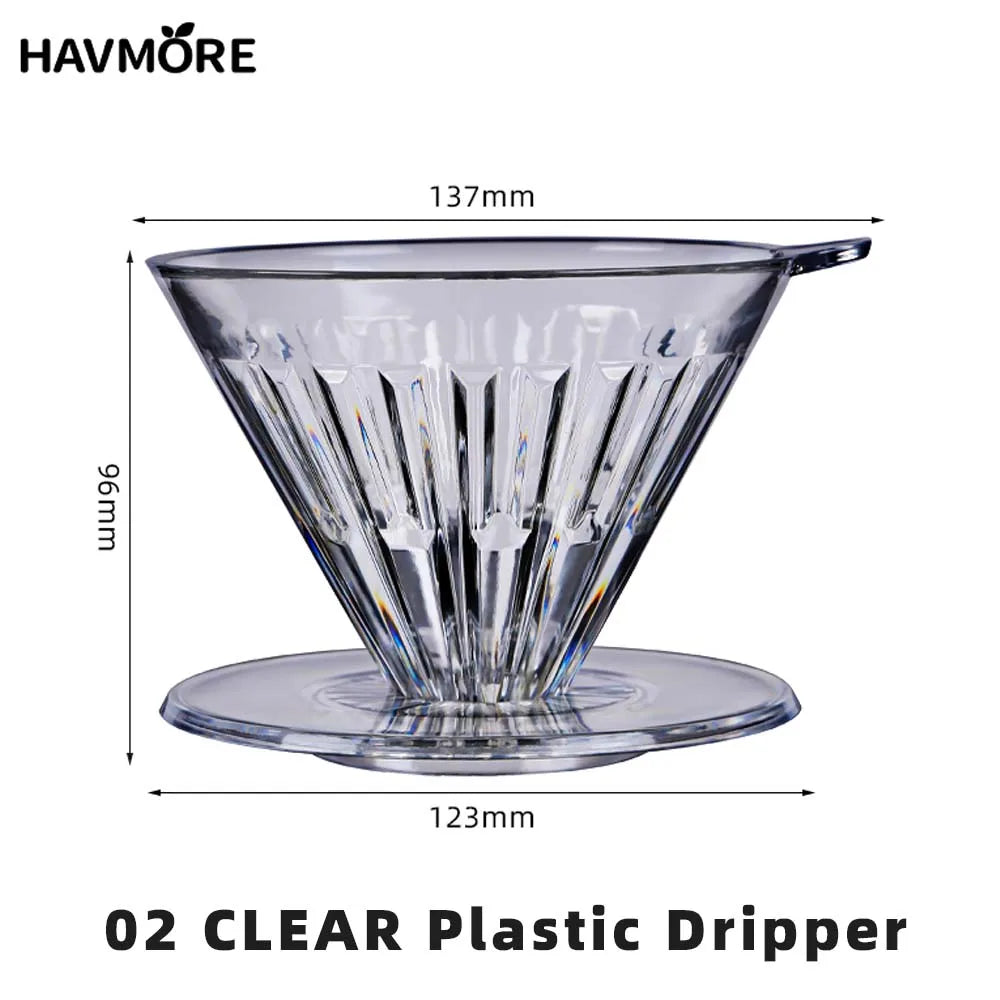 Clear V04 plastic coffee dripper with dimensions on a white background, branded 'HAVMORE'.
