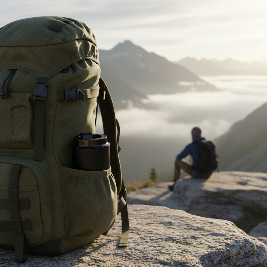 Green backpack featuring an Black Abay thermos flask with a person sitting on a mountain top in the background 