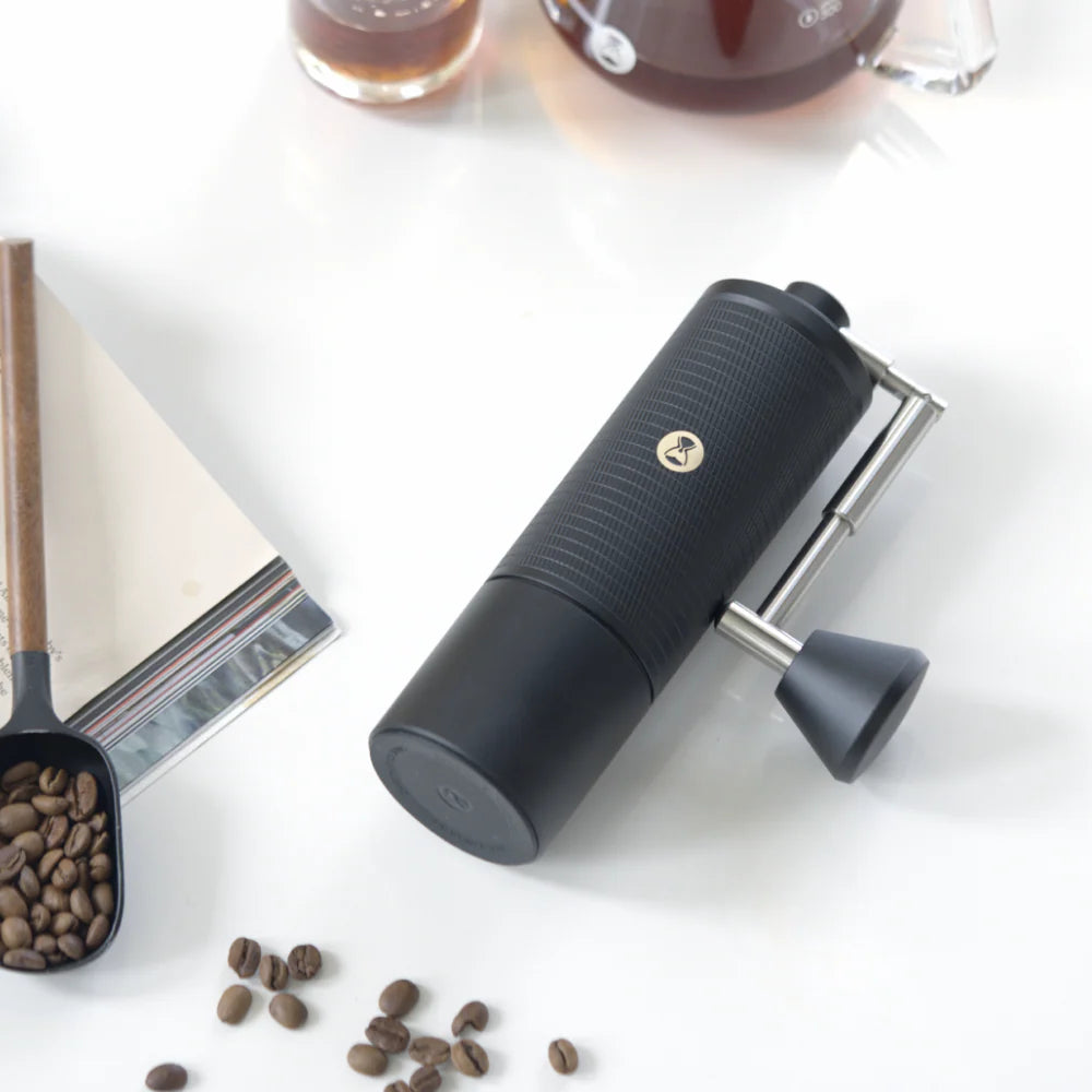 TIMEMORE C5 Pro Coffee Grinder led on its a back featuring other TIMEMORE products around focus 