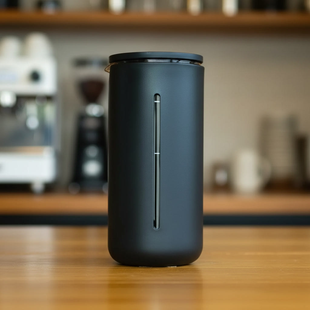 Black TIMEMORE U French Press on a wooden surface with a blurred kitchen background