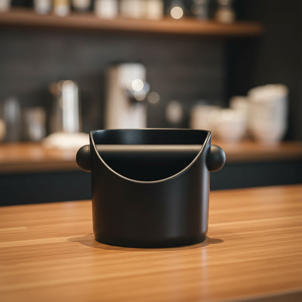 Black Knock Box on a wooden surface featuring a modern kitchen background