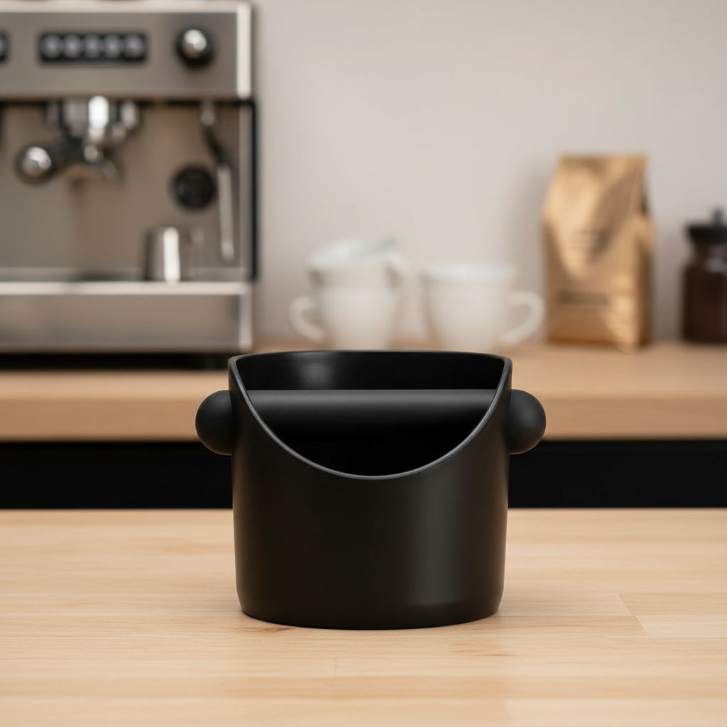 Camera focus on a Black Knock Box featuring a blurred kitchen background