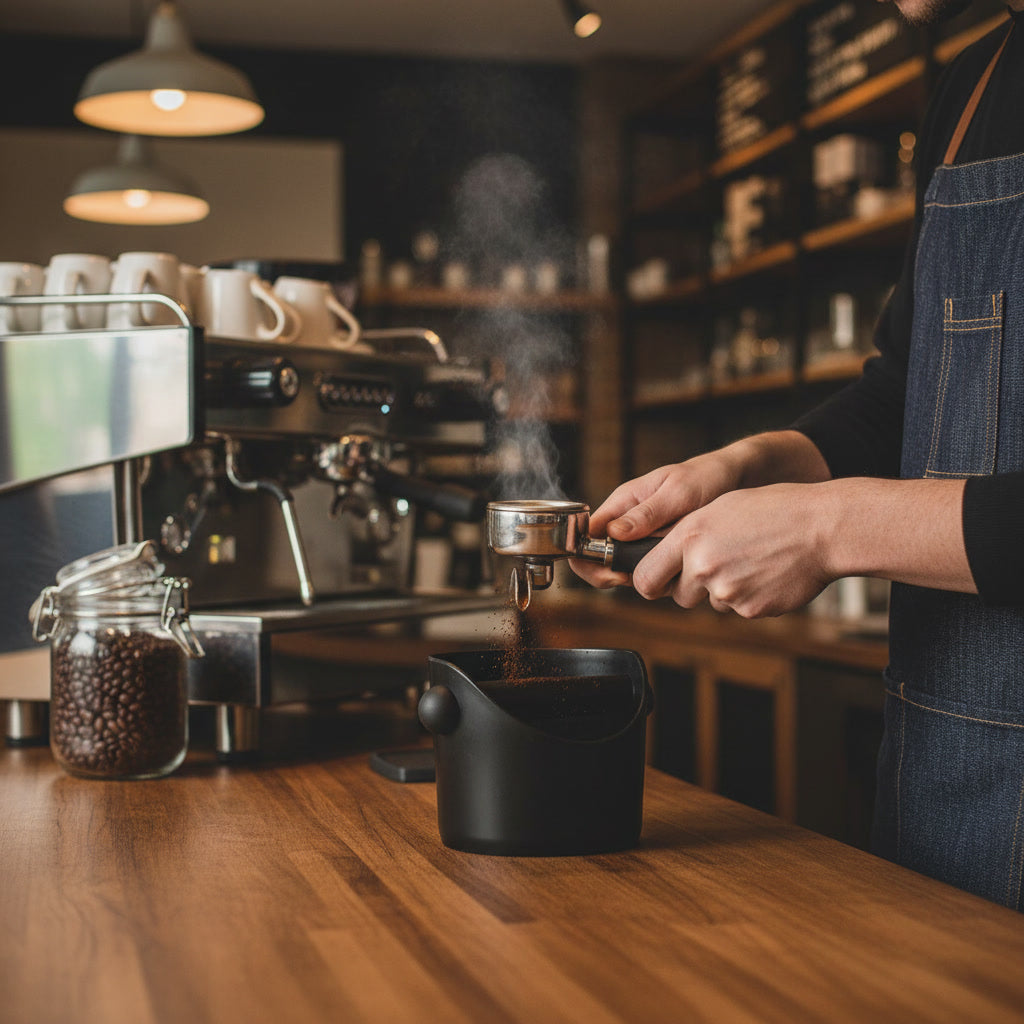 Barista emptying a portafilter into a knock box in a café setting 