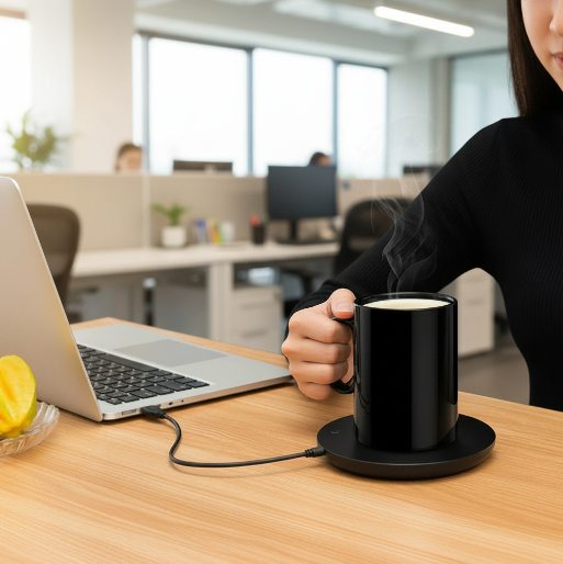 Person holding a steaming black mug next to a laptop on a desk in an office setting