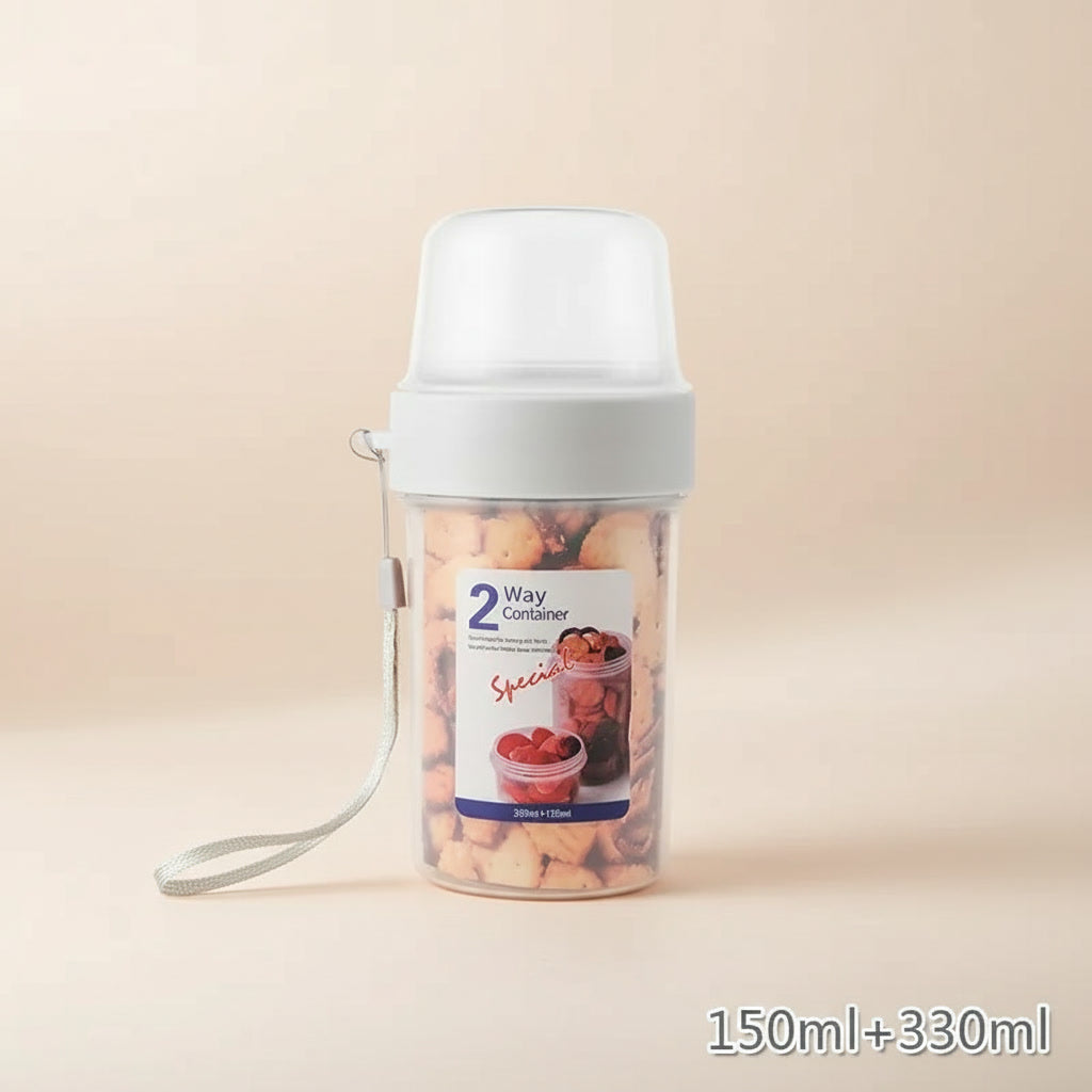 Two-way container with fruit salad on a beige background