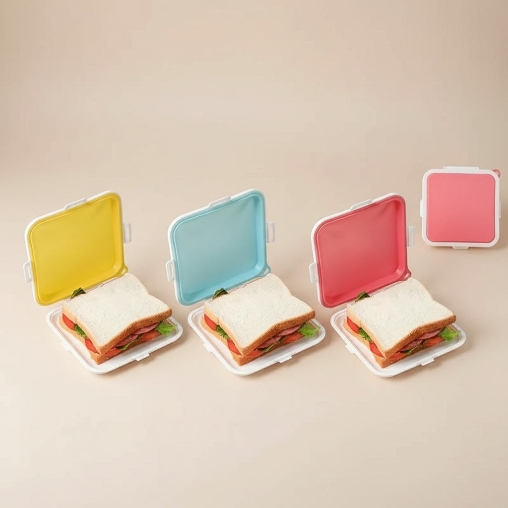 Set of four tekkysui silicone sandwich storage boxes with a soft beige background studio shot